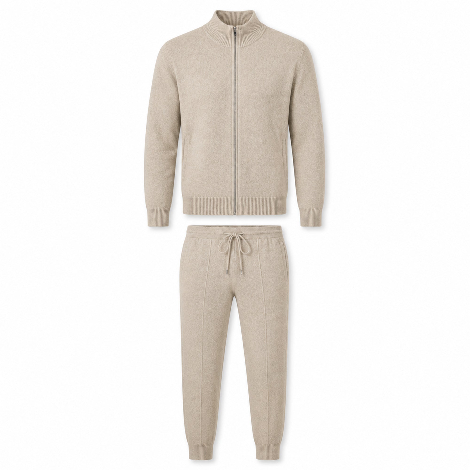 Palemont sand full-zip knit jacket and matching jogger trousers, front ghost mannequin view