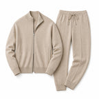 Palemont sand knit jacket and matching jogger trousers, studio flat lay