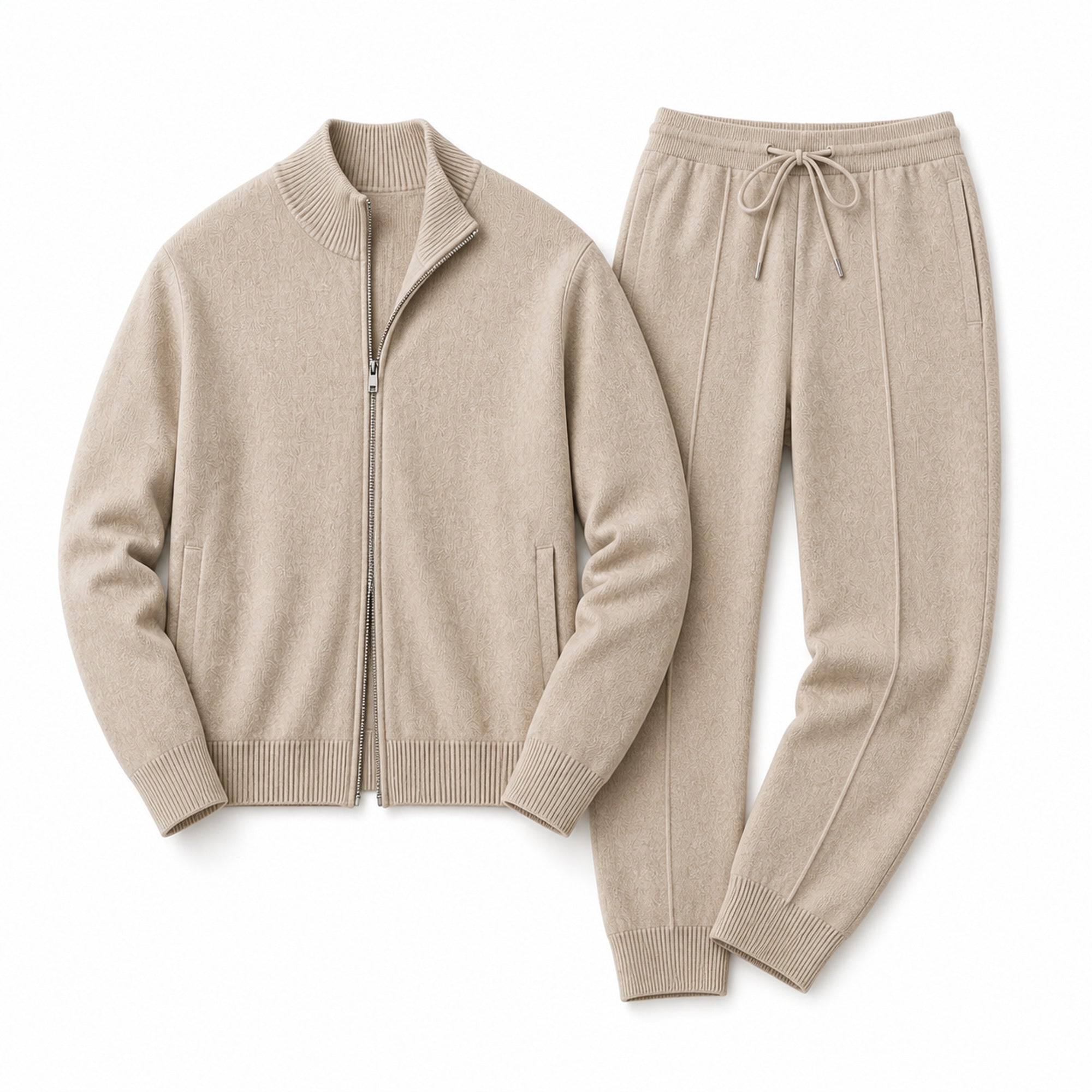 Palemont sand knit jacket and matching jogger trousers, studio flat lay