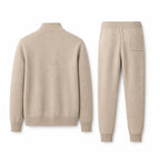 Palemont sand knit jacket and jogger trousers, rear studio view