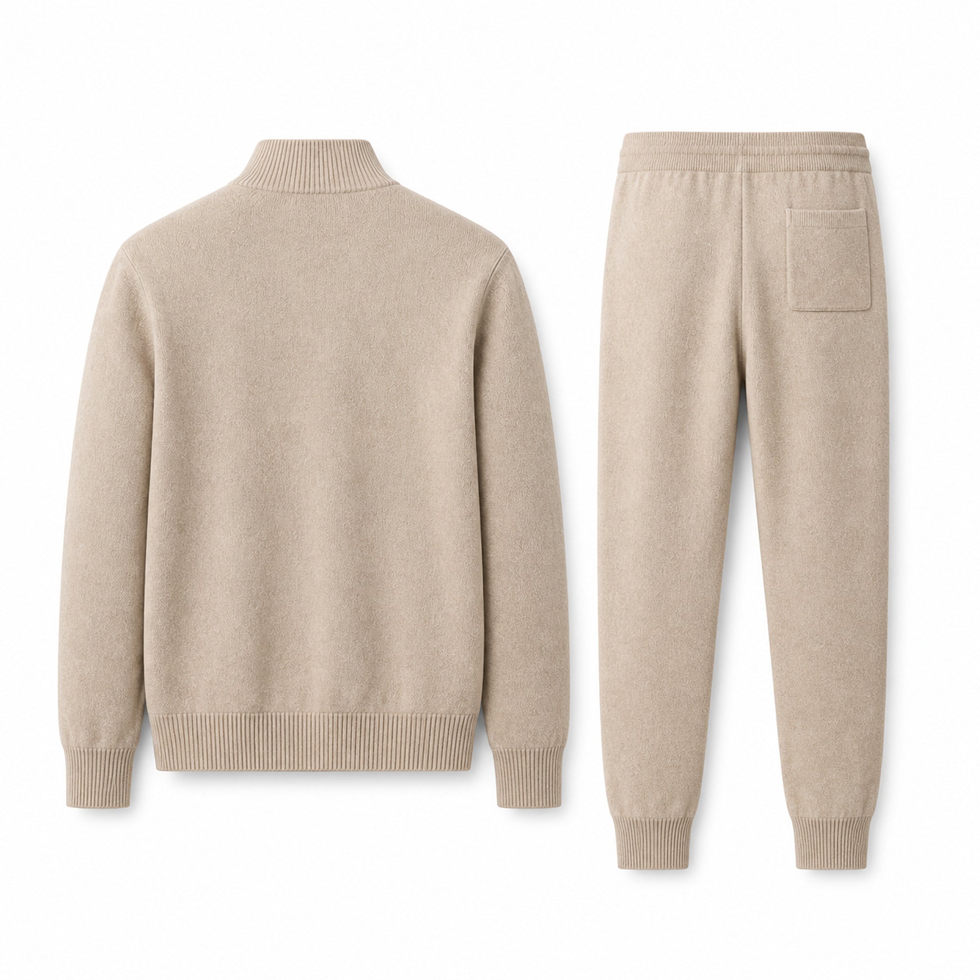 Palemont sand knit jacket and jogger trousers, rear studio view