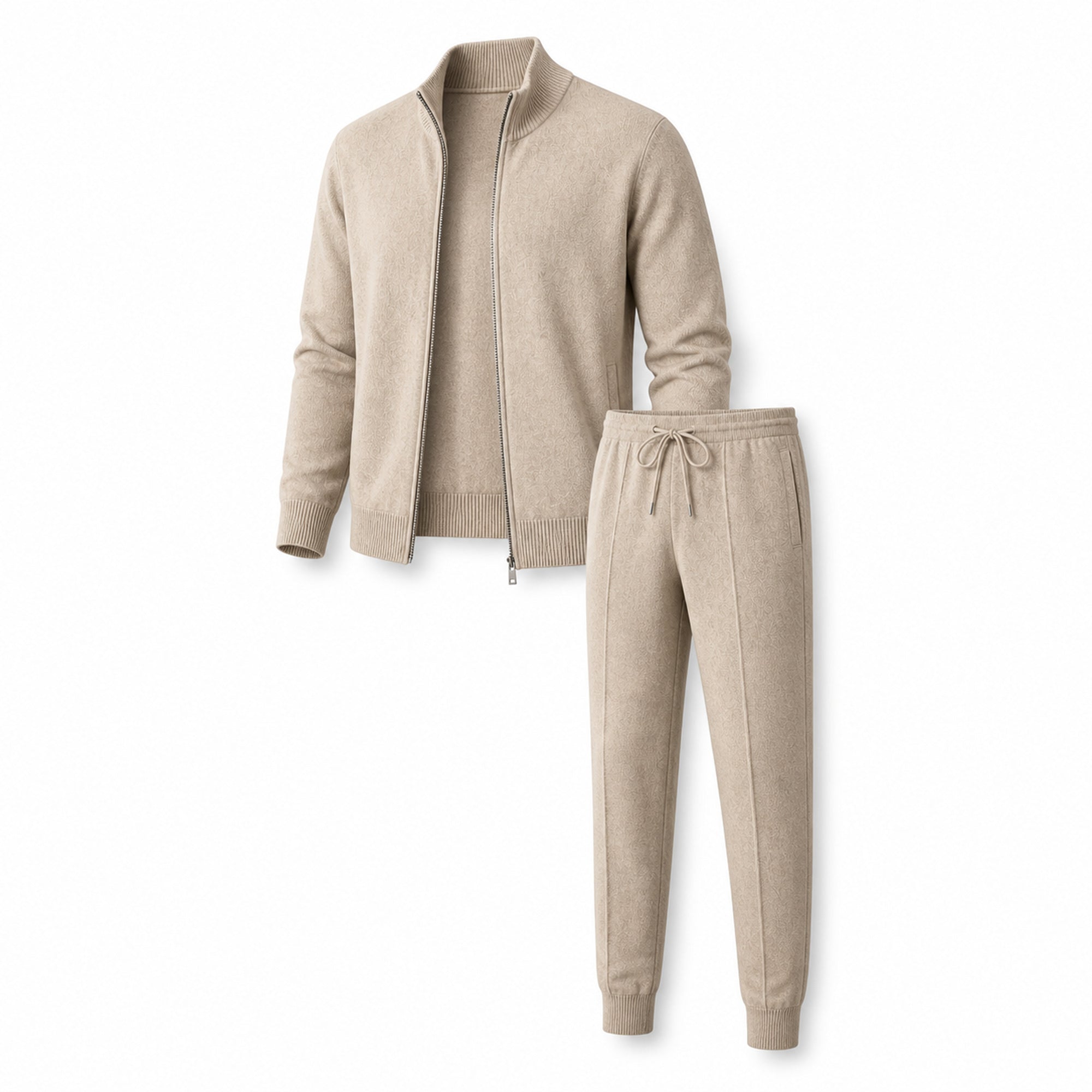 Palemont sand knit two-piece set, angled ghost mannequin studio view