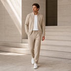 Palemont sand knit set styled in minimalist stone architecture
