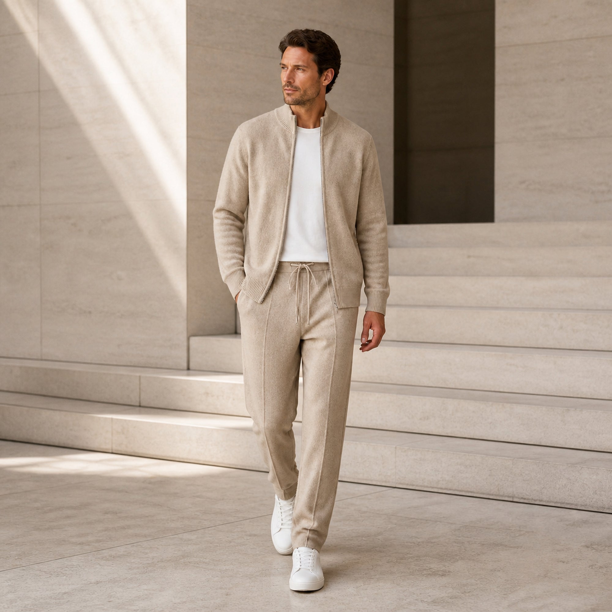 Palemont sand knit set styled in minimalist stone architecture