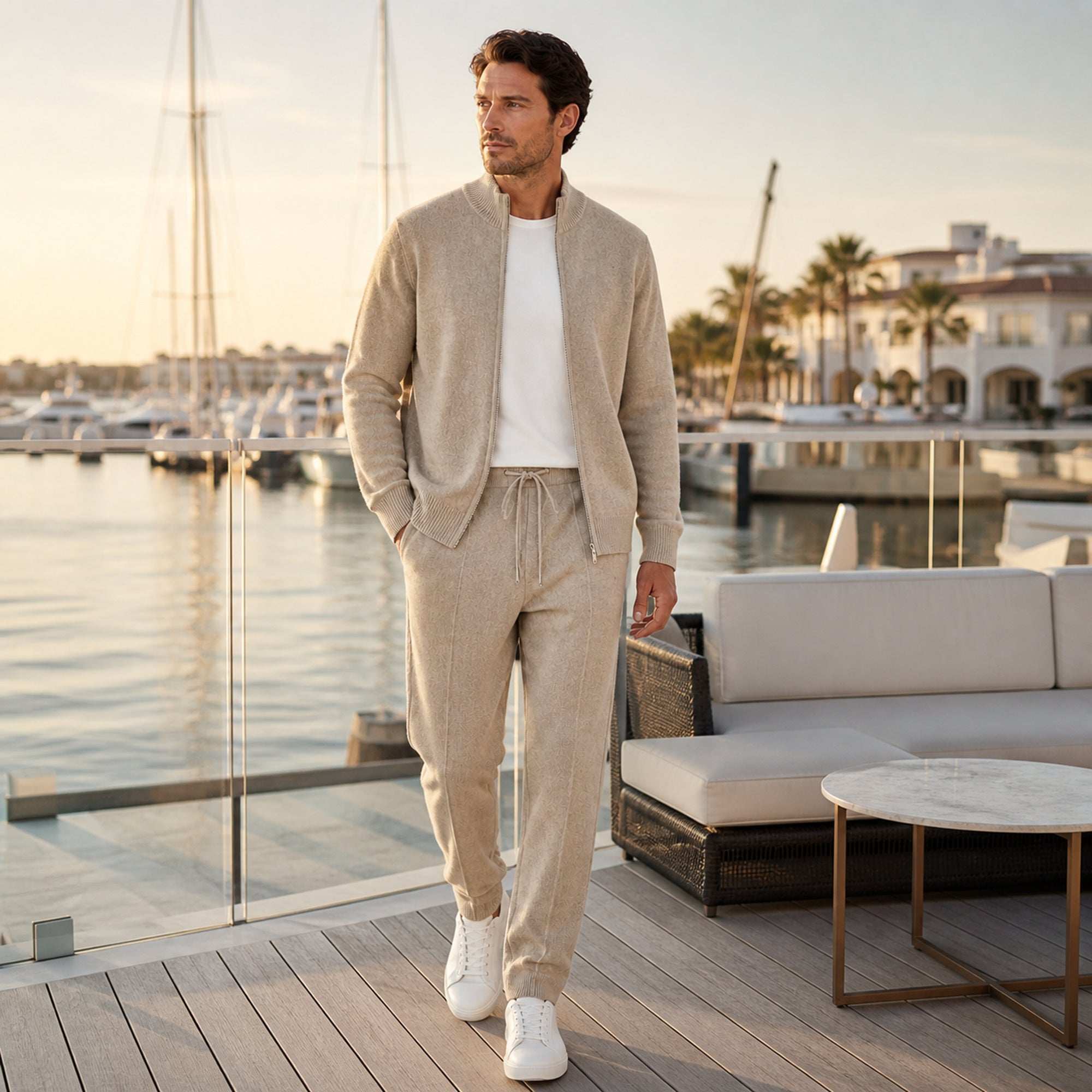 Palemont sand knit set styled on a marina terrace