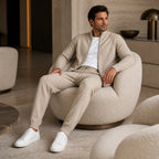 Palemont sand knit set styled in a contemporary hotel lounge
