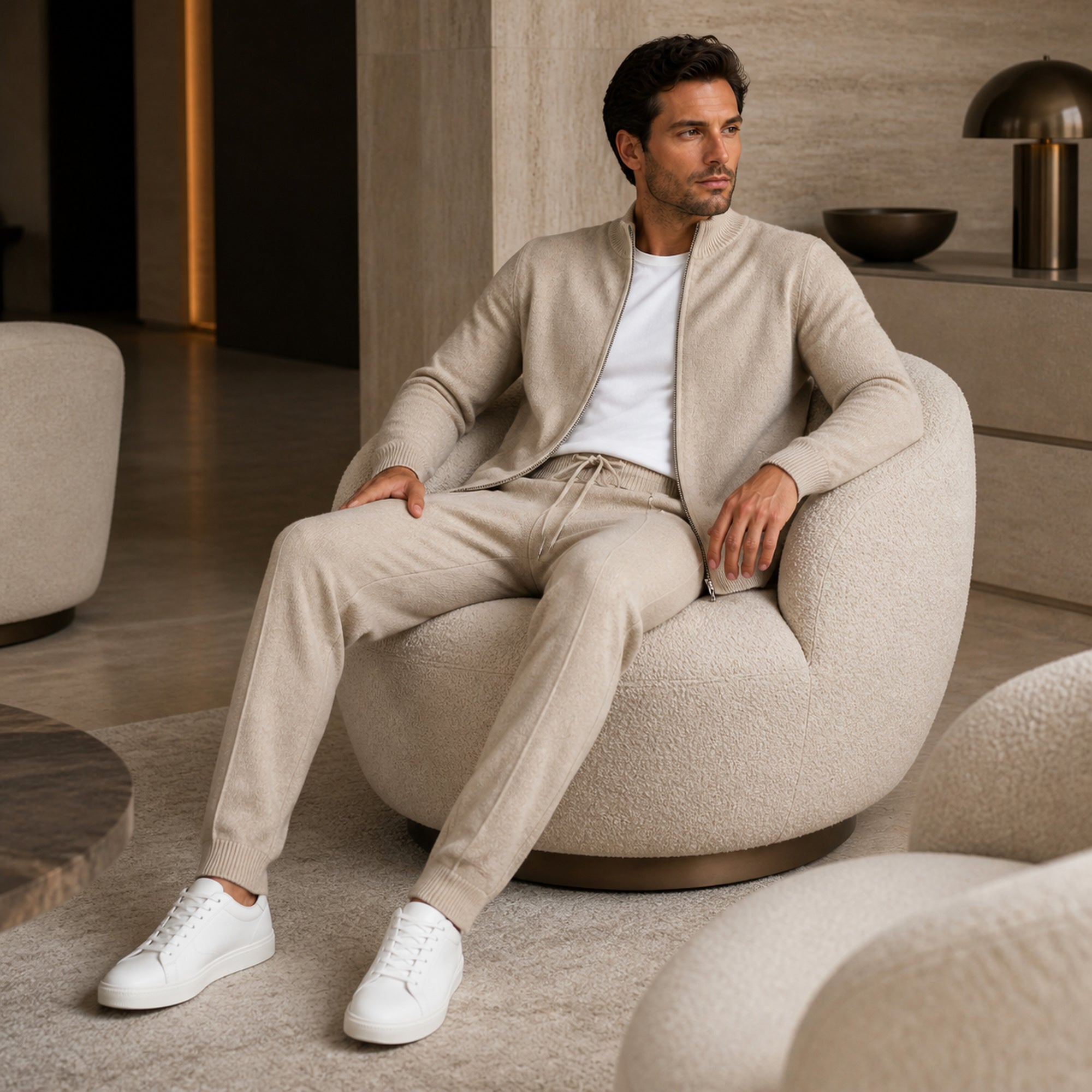Palemont sand knit set styled in a contemporary hotel lounge