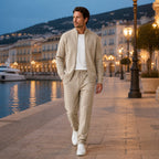 Palemont sand knit set styled on a waterfront promenade at blue hour