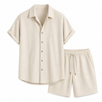 Palevane beige ribbed shirt and shorts set on white studio background