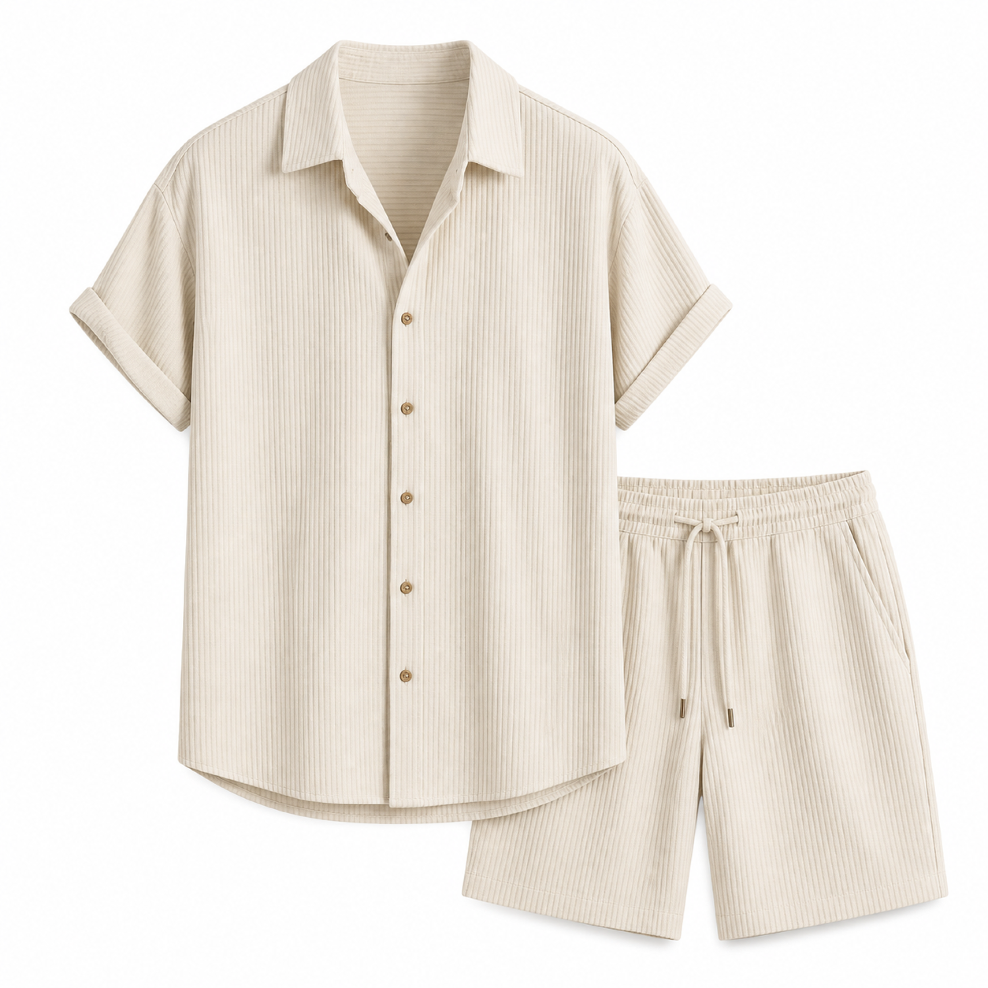 Palevane beige ribbed shirt and shorts set on white studio background