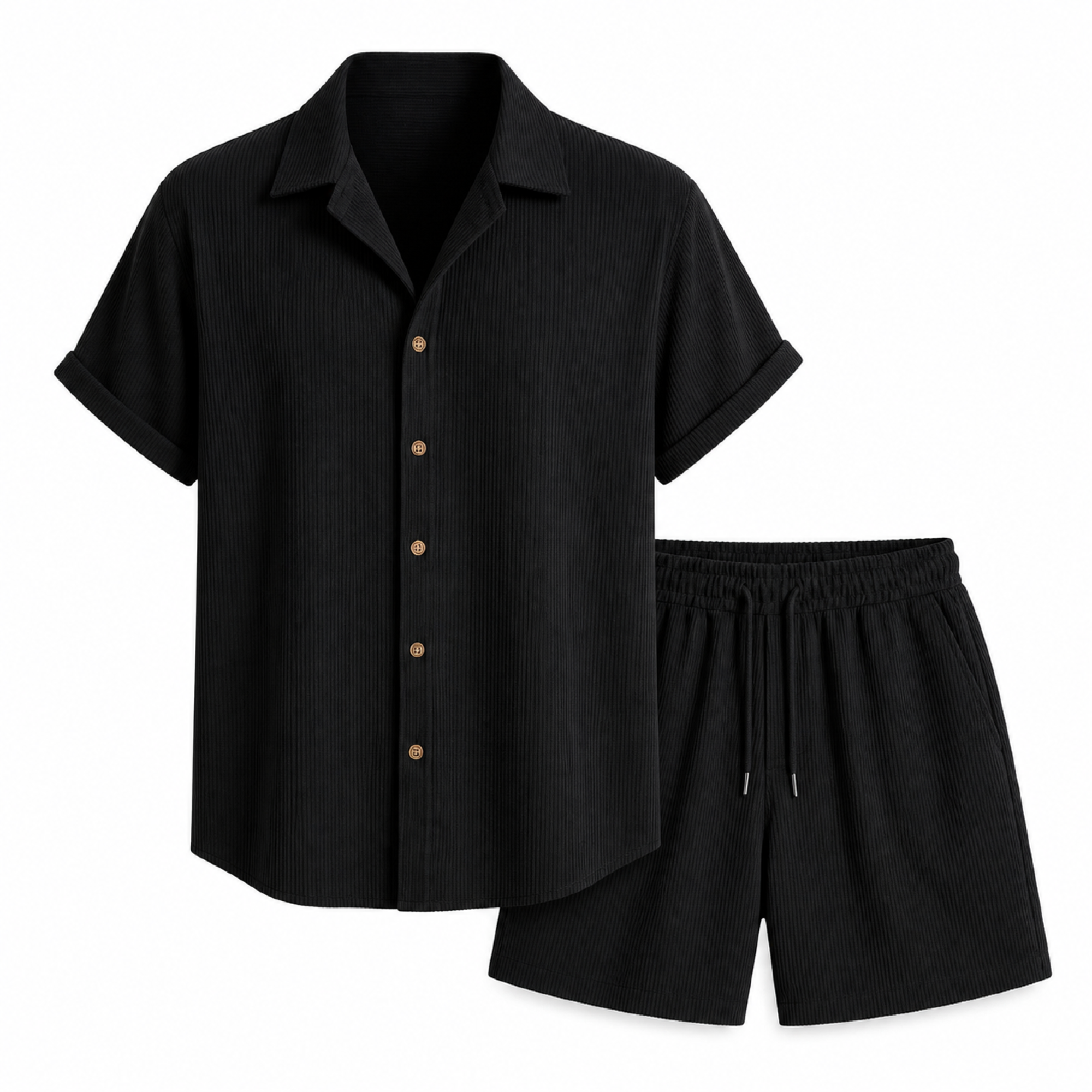 Palevane black ribbed shirt and shorts set on white studio background