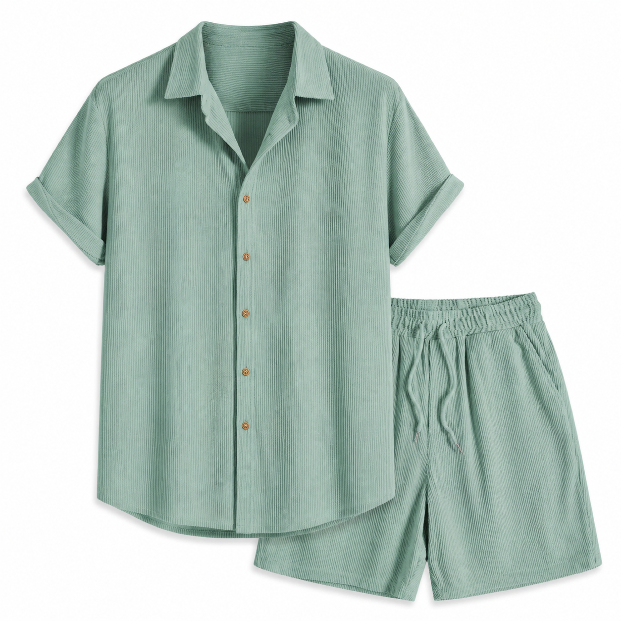 Palevane green ribbed shirt and shorts set on white studio background