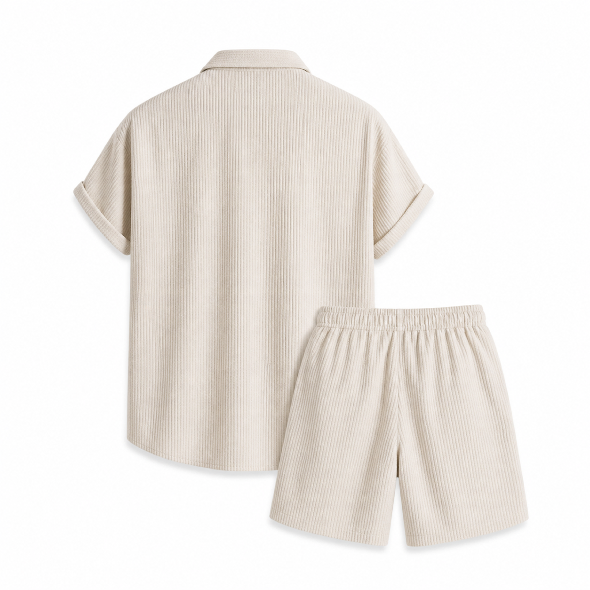 Rear view of the Palevane beige ribbed shirt and shorts set on white