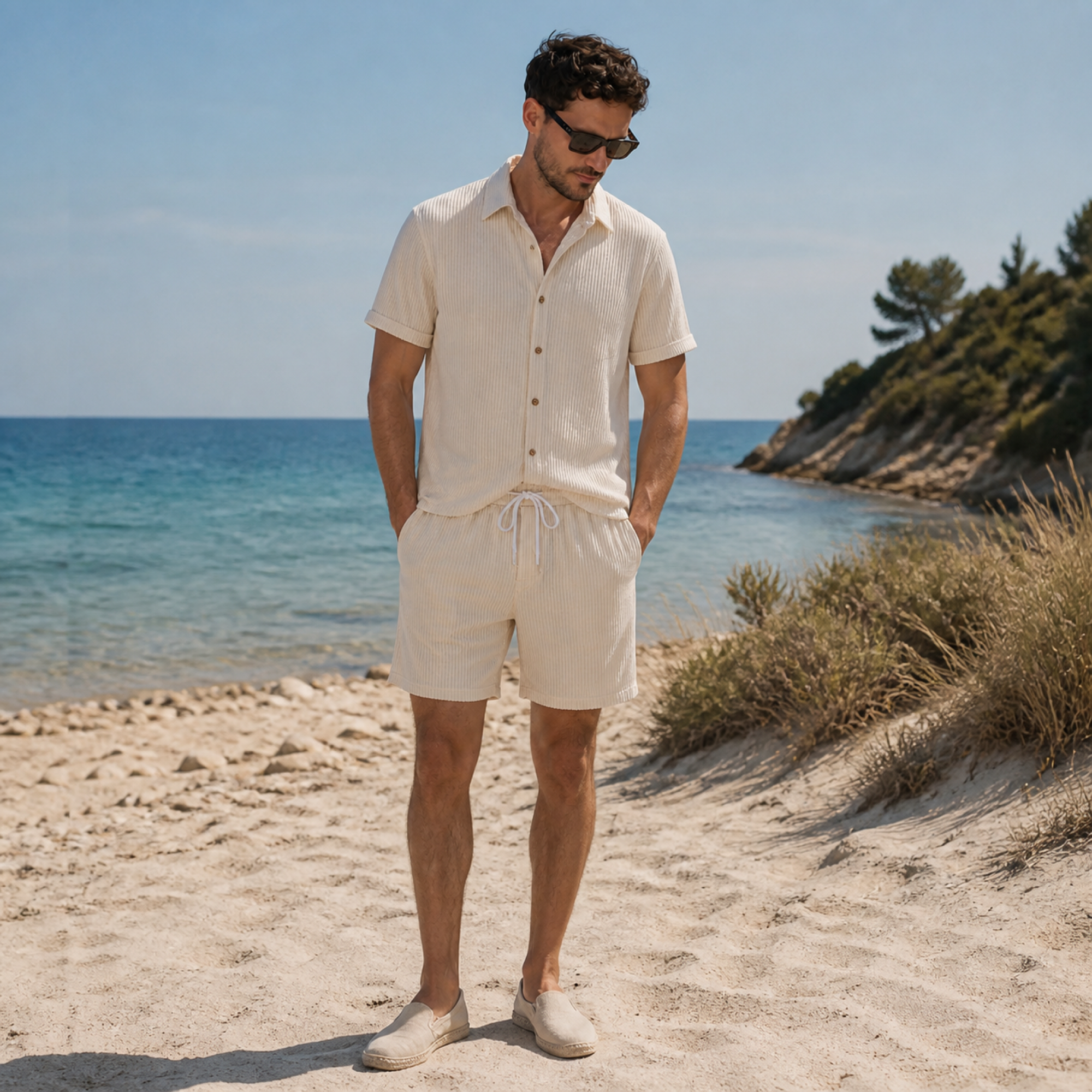 Man wearing the Palevane beige set beside a Mediterranean cove