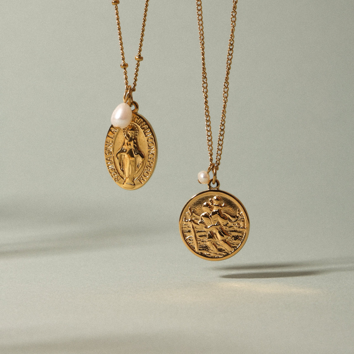 Bruce & Co Saint Christopher Coin Necklace with Pearl