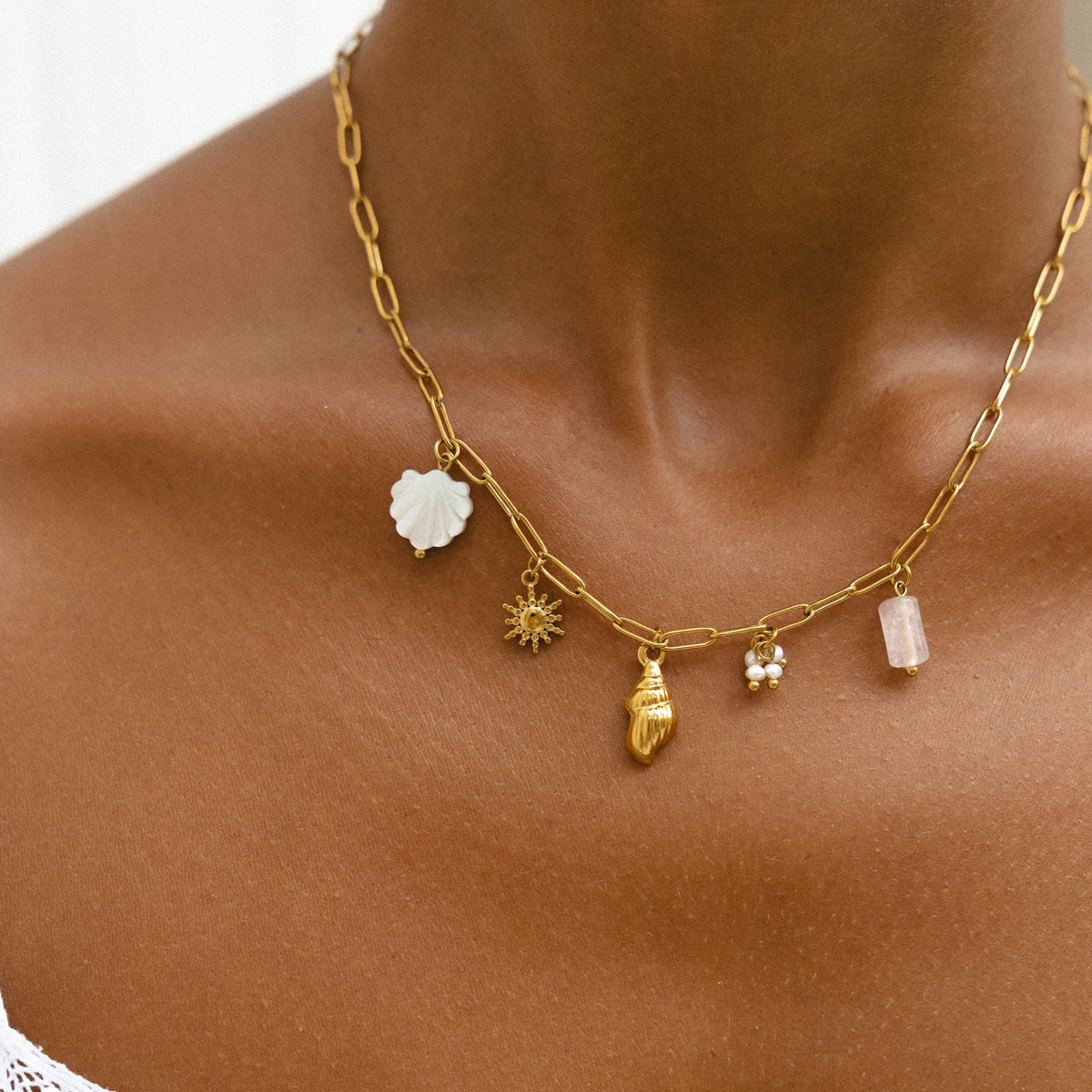 Bruce & Co Capri – Shell Sun and Pearl Charm Necklace