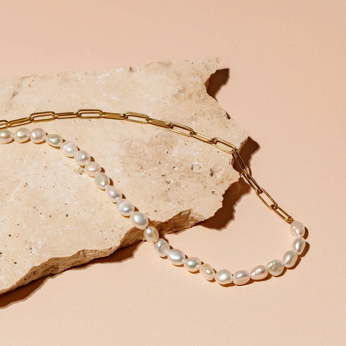 Bruce & Co Mykonos – Half Pearl and Paperclip Necklace, 39 cm