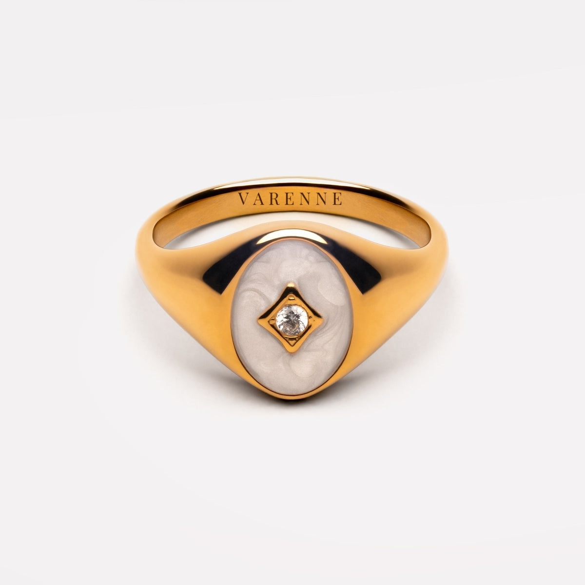 Bruce & Co Polar – White Enamel and Zircon Signet Ring, Gold PVD Steel