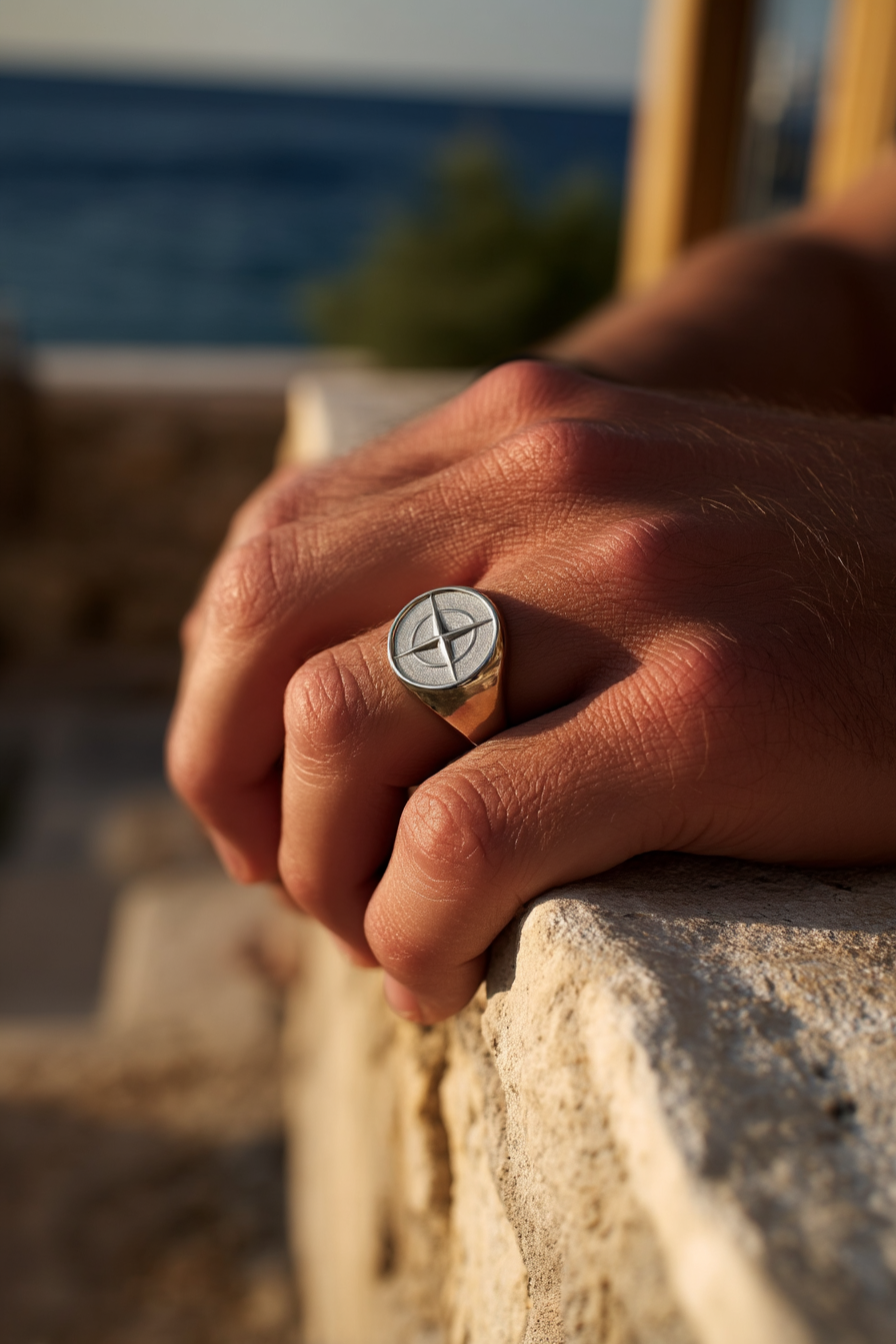 Bruce & Co Men’s Compass Signet Ring, Silver-Tone, US 7–12