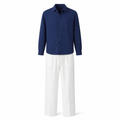 Quinmere navy shirt and white trousers set on a white studio background