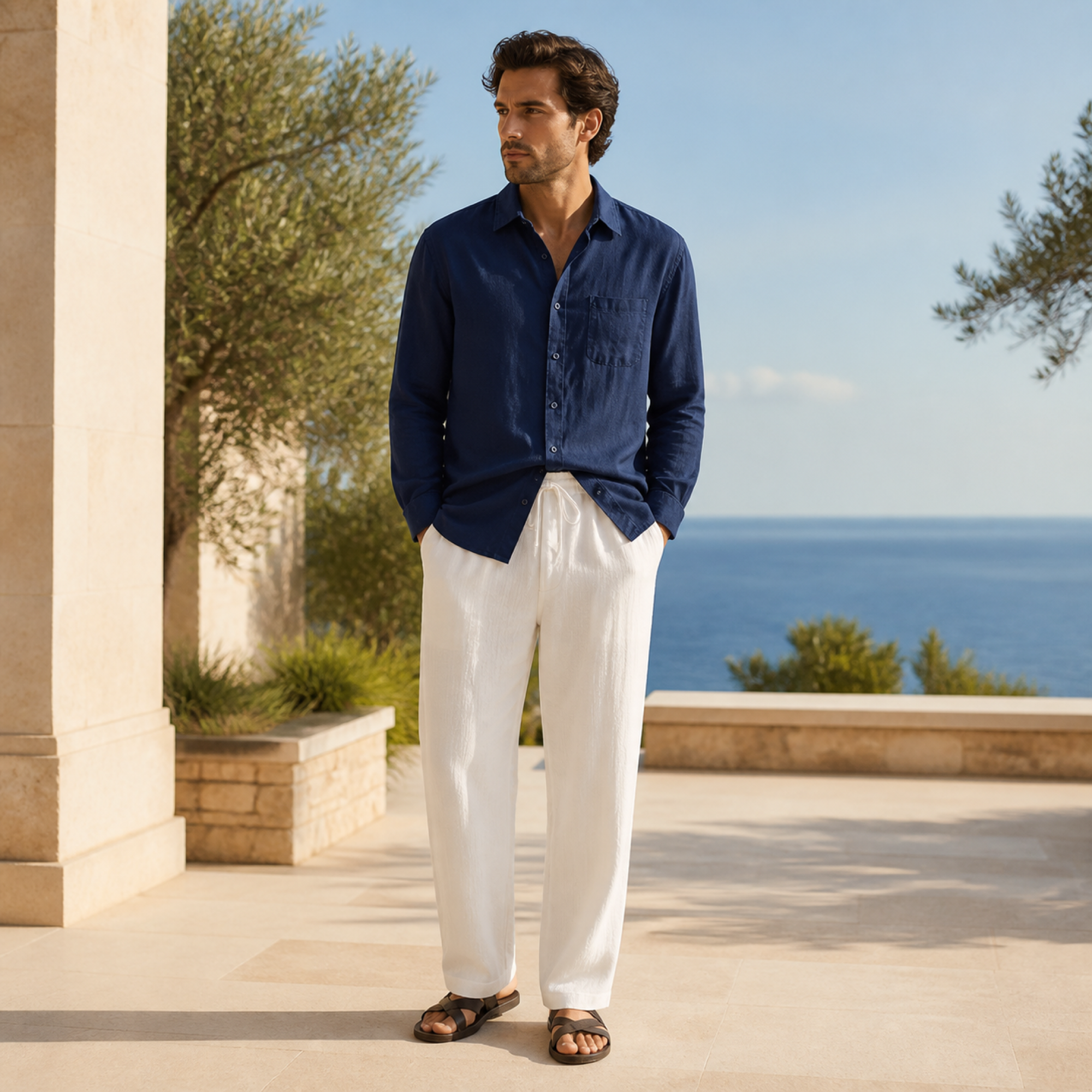 Man wearing the Quinmere outfit on a coastal villa terrace