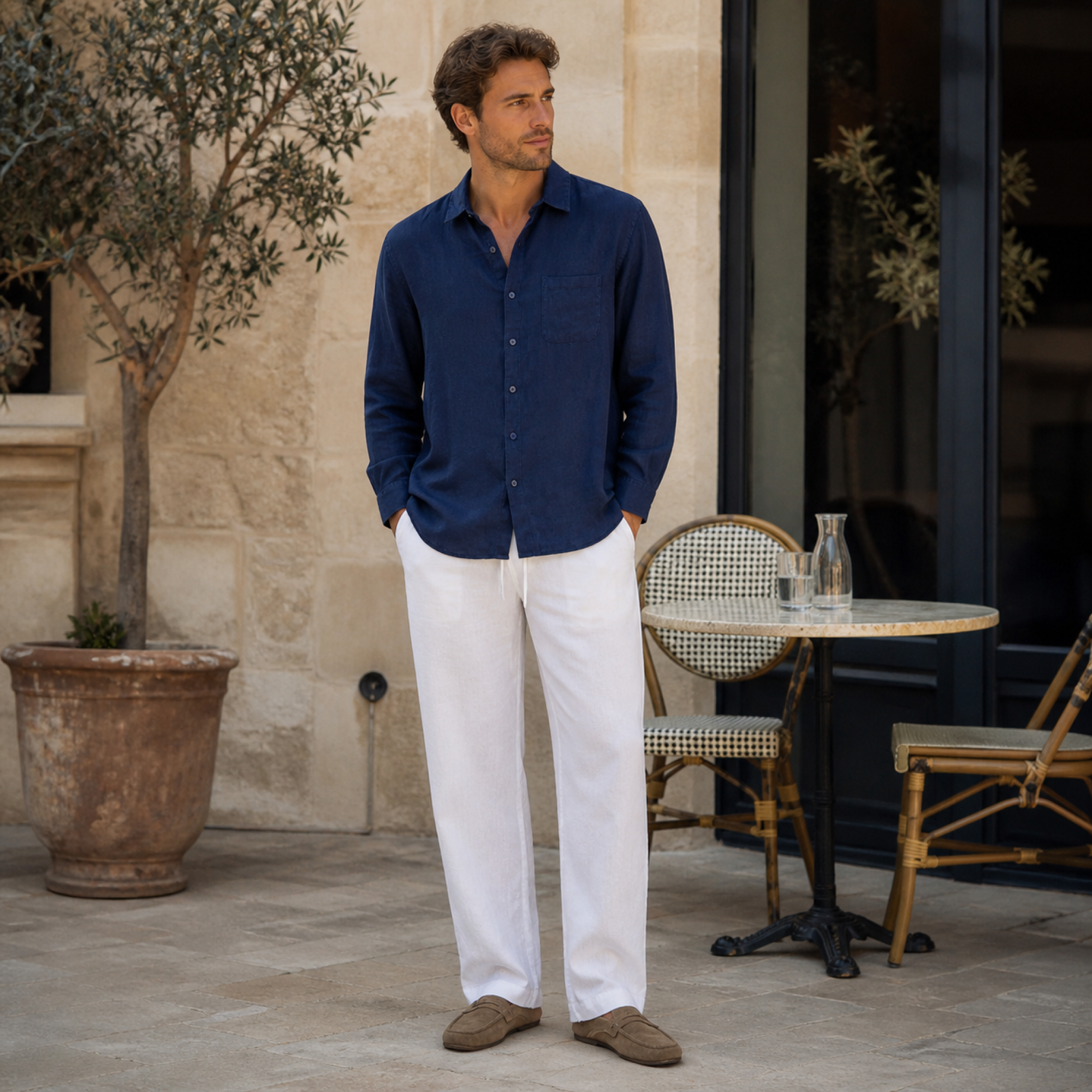 Man wearing the Quinmere outfit at a European cafe terrace