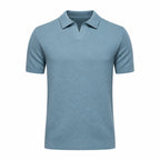 Quinrel muted teal buttonless V-neck textured polo, front ghost mannequin view