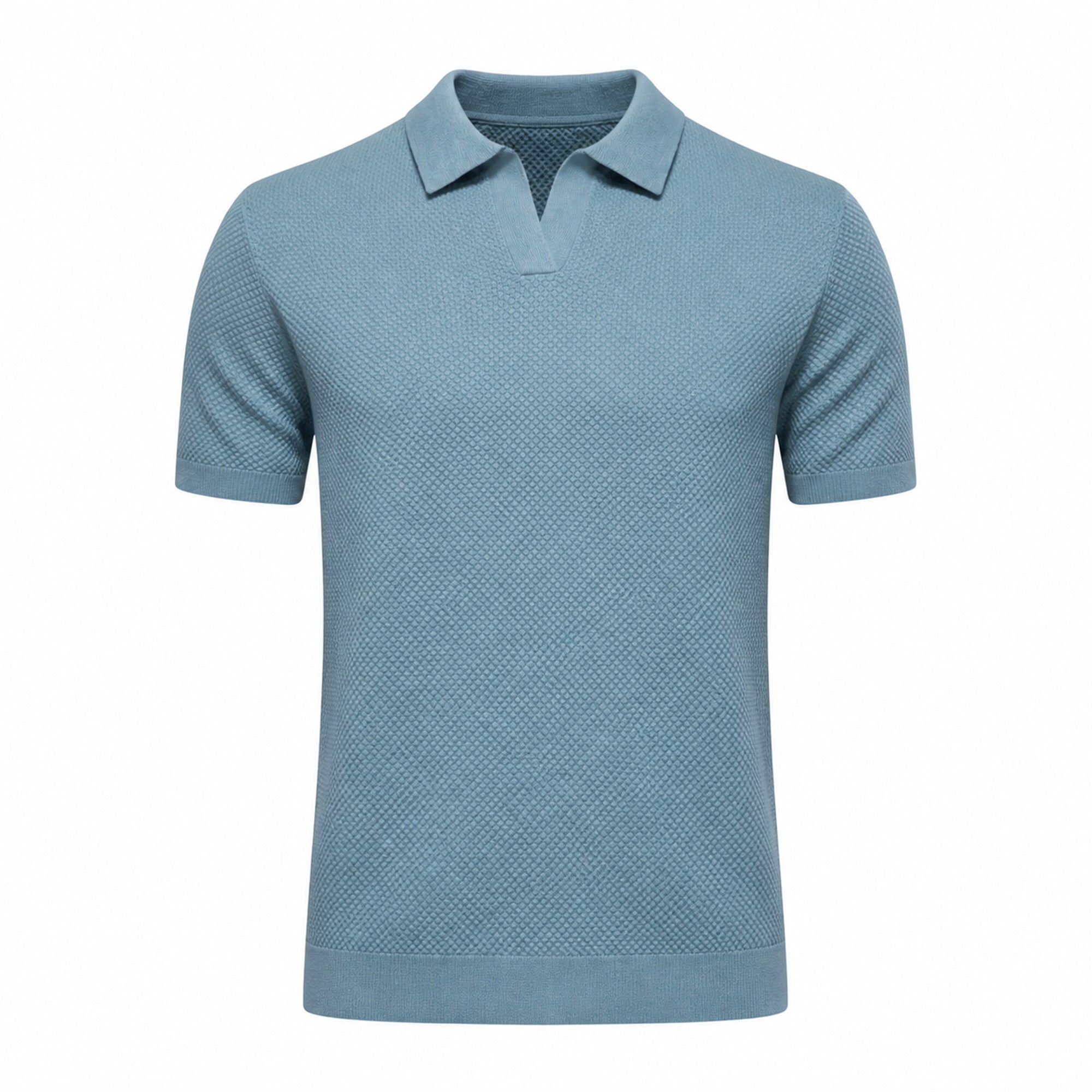 Quinrel muted teal buttonless V-neck textured polo, front ghost mannequin view
