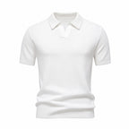 Quinrel white buttonless V-neck textured polo, front ghost mannequin view