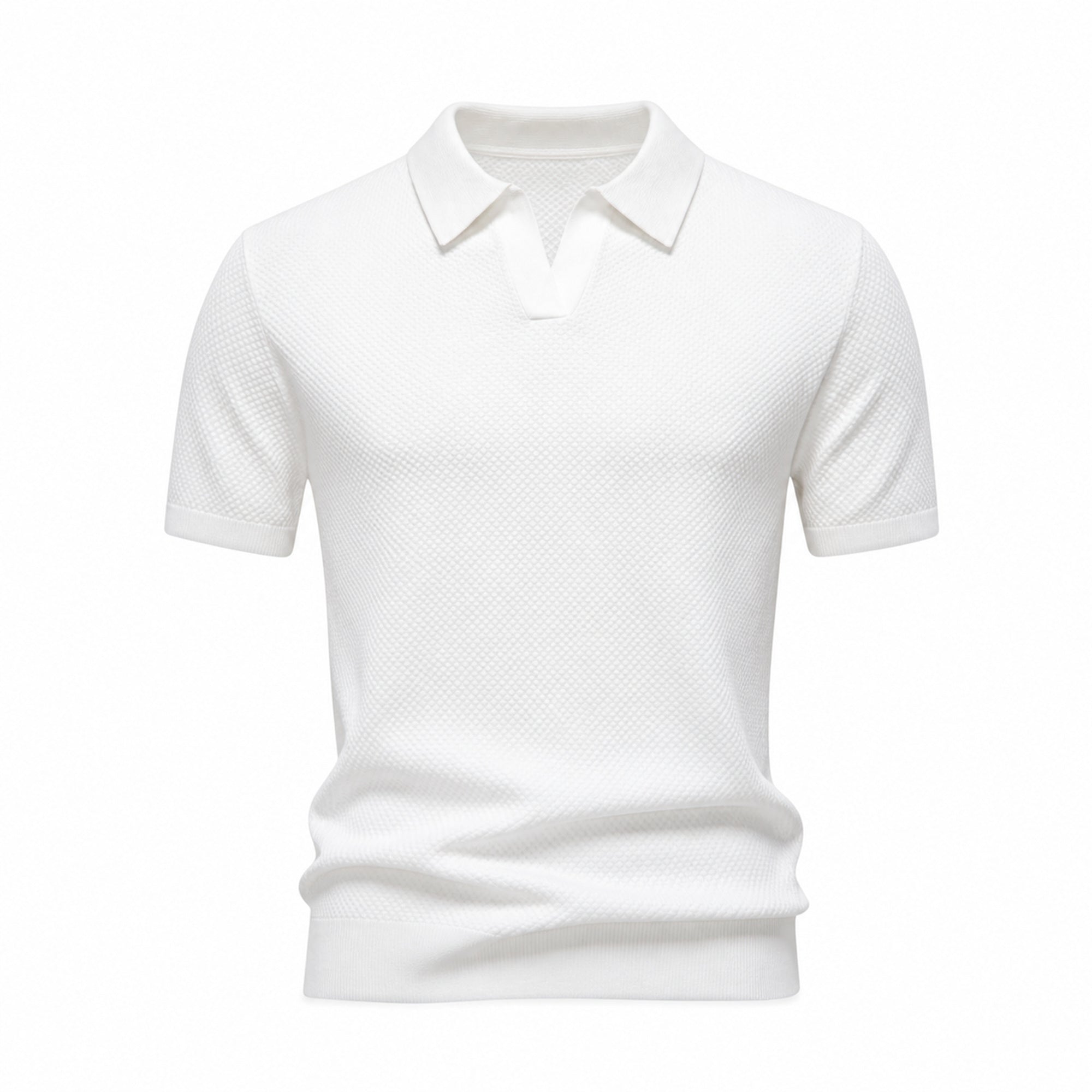 Quinrel white buttonless V-neck textured polo, front ghost mannequin view
