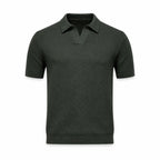 Quinrel dark pine buttonless V-neck textured polo, front ghost mannequin view