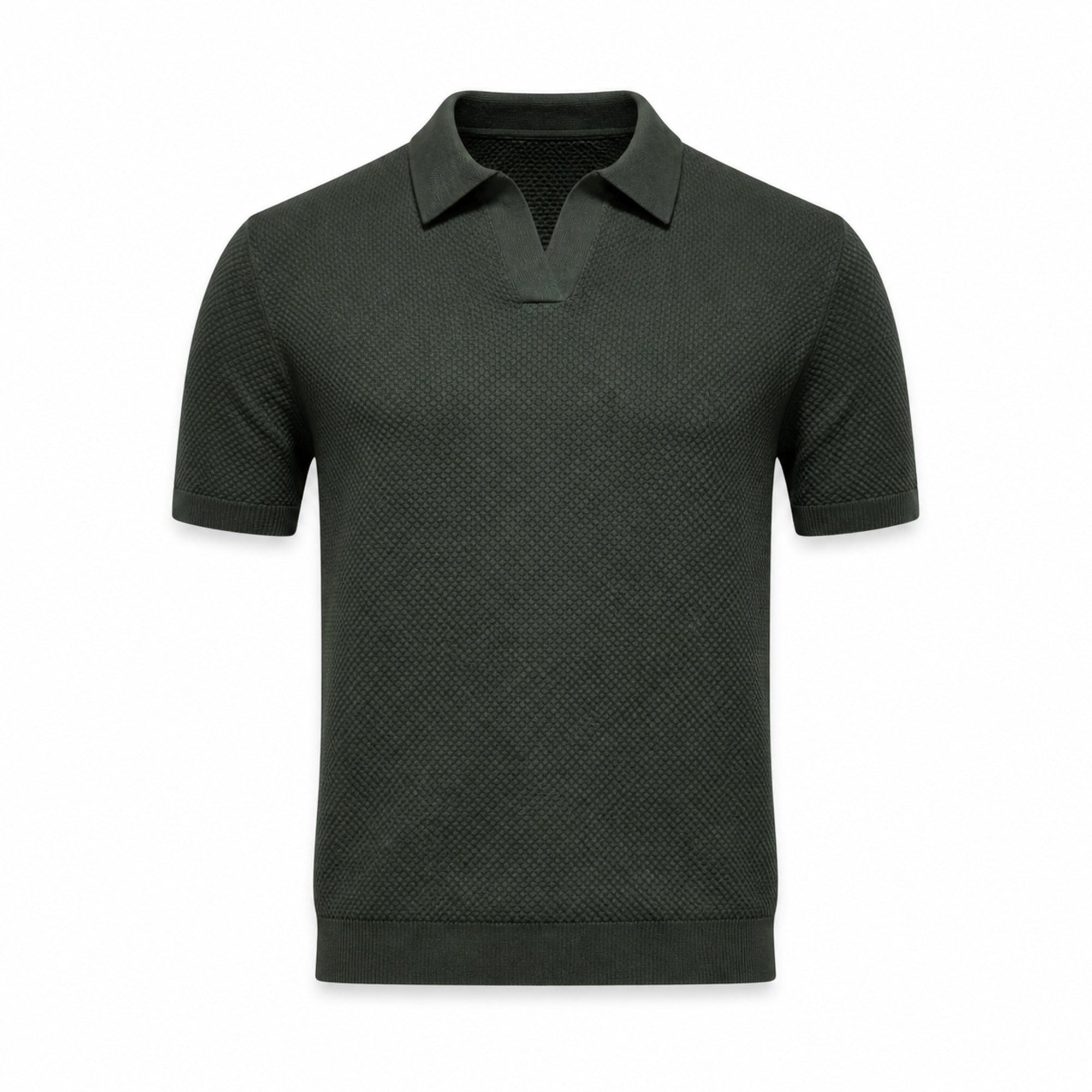 Quinrel dark pine buttonless V-neck textured polo, front ghost mannequin view