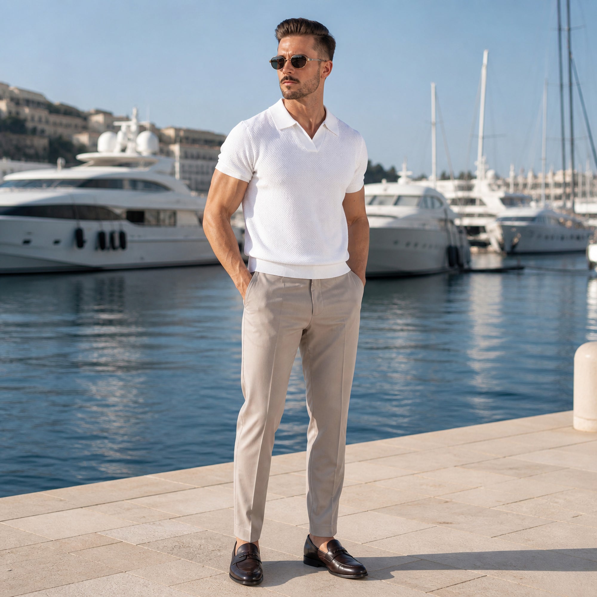 Quinrel white polo styled at a luxury yacht marina
