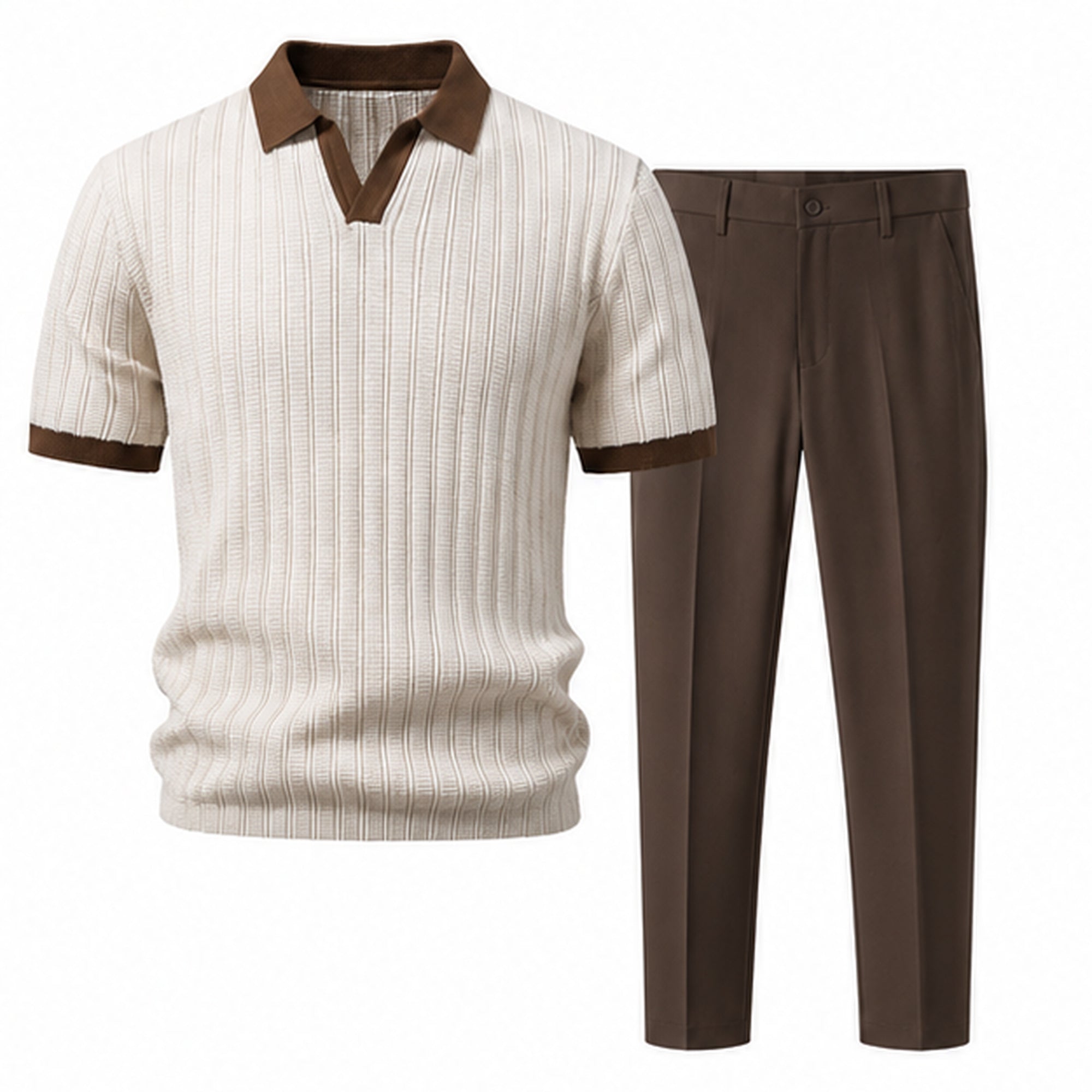 Quinvane beige textured Johnny-collar polo and brown tapered trousers, studio front