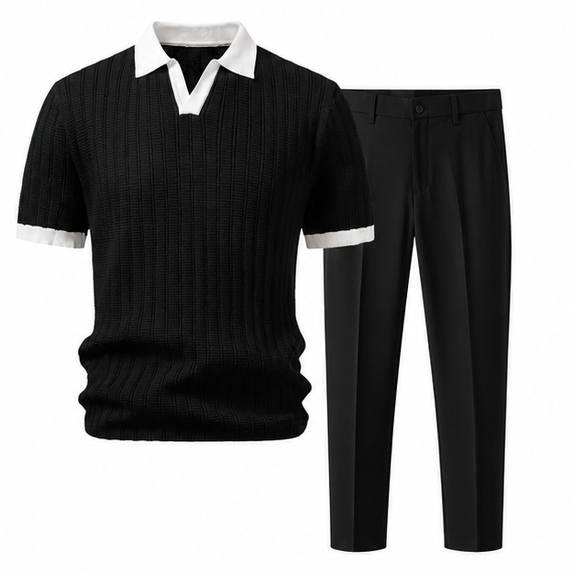 Quinvane black textured Johnny-collar polo and black tapered trousers, studio front