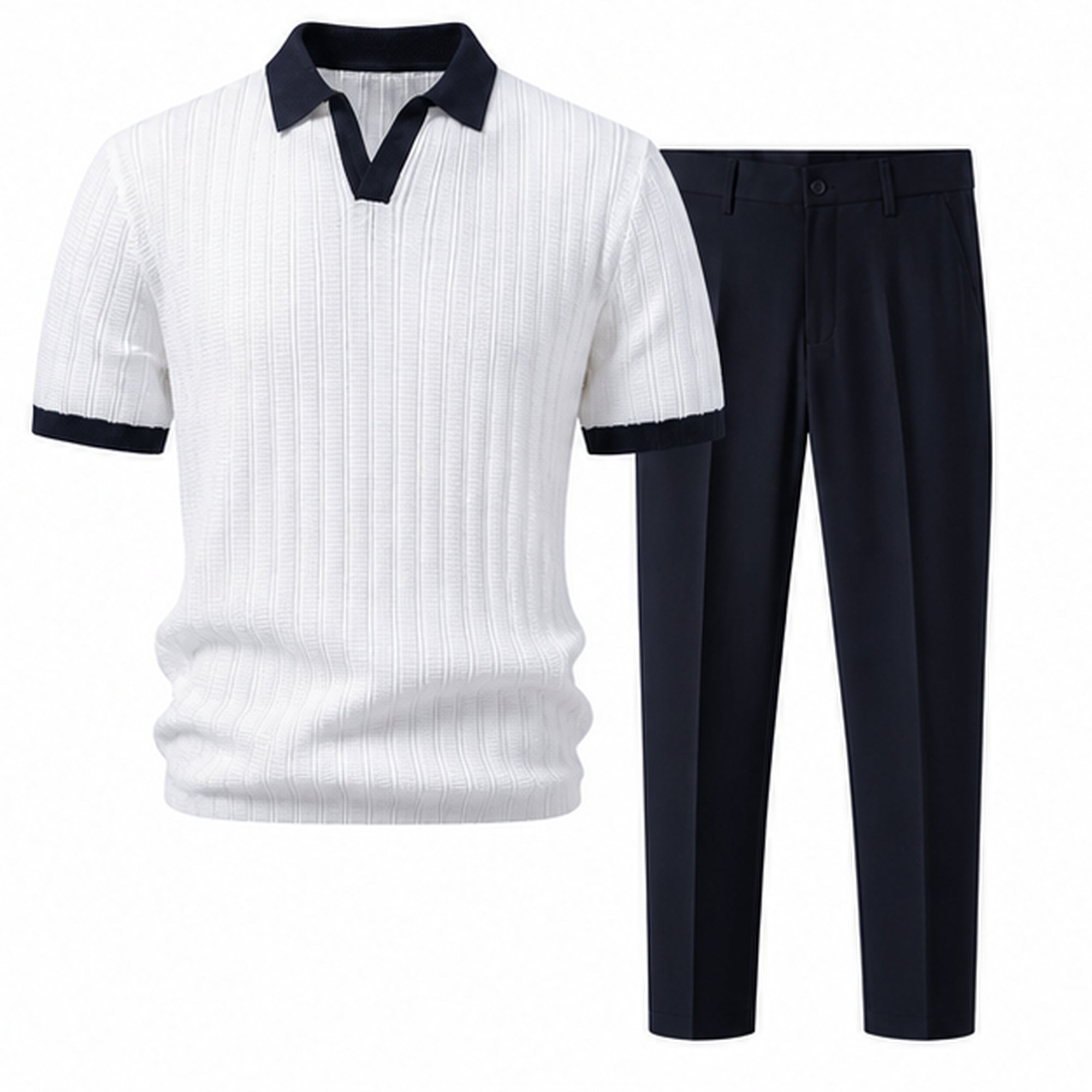 Quinvane white and navy textured Johnny-collar polo with navy tapered trousers, studio front