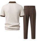 Quinvane beige textured Johnny-collar polo and brown tapered trousers, studio rear