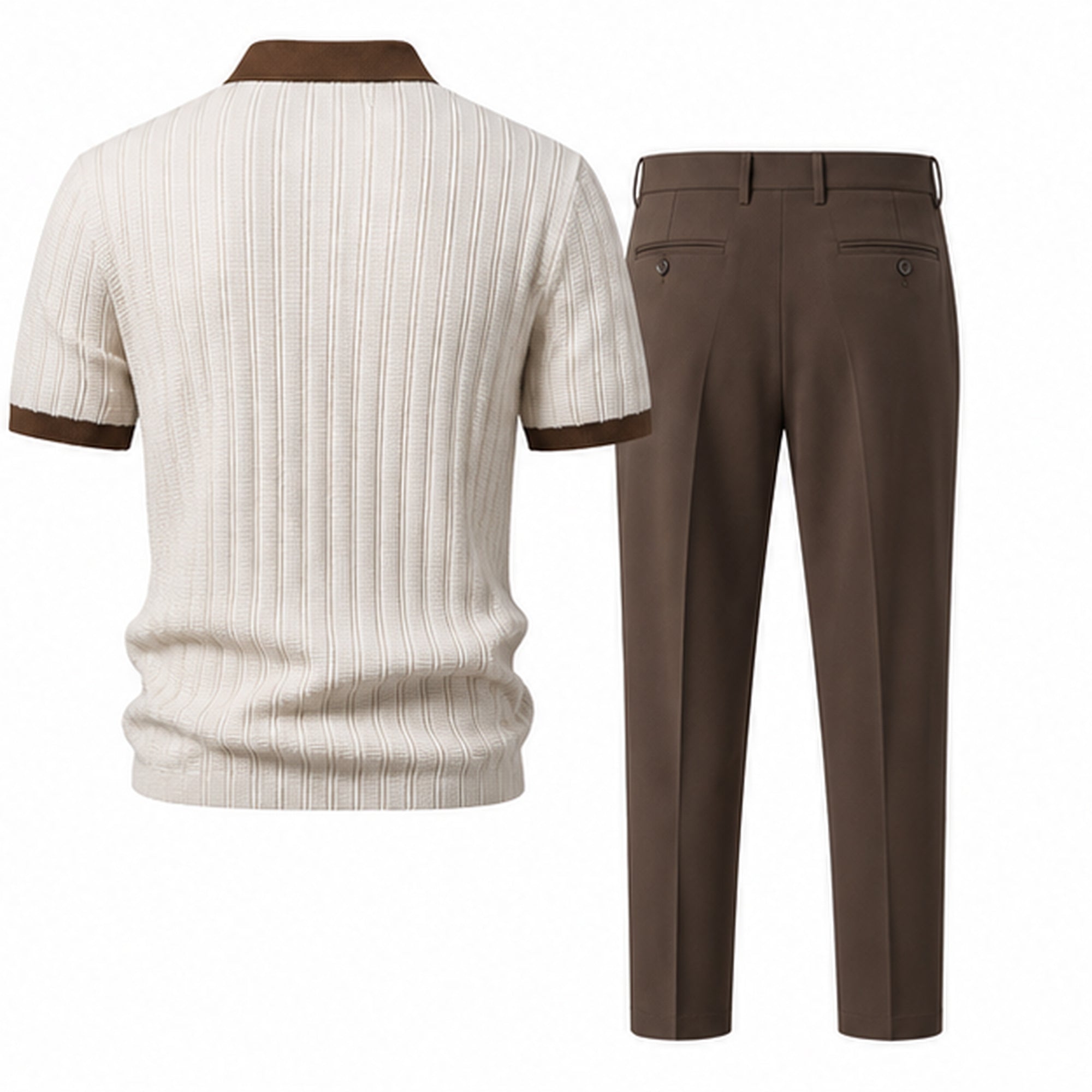 Quinvane beige textured Johnny-collar polo and brown tapered trousers, studio rear