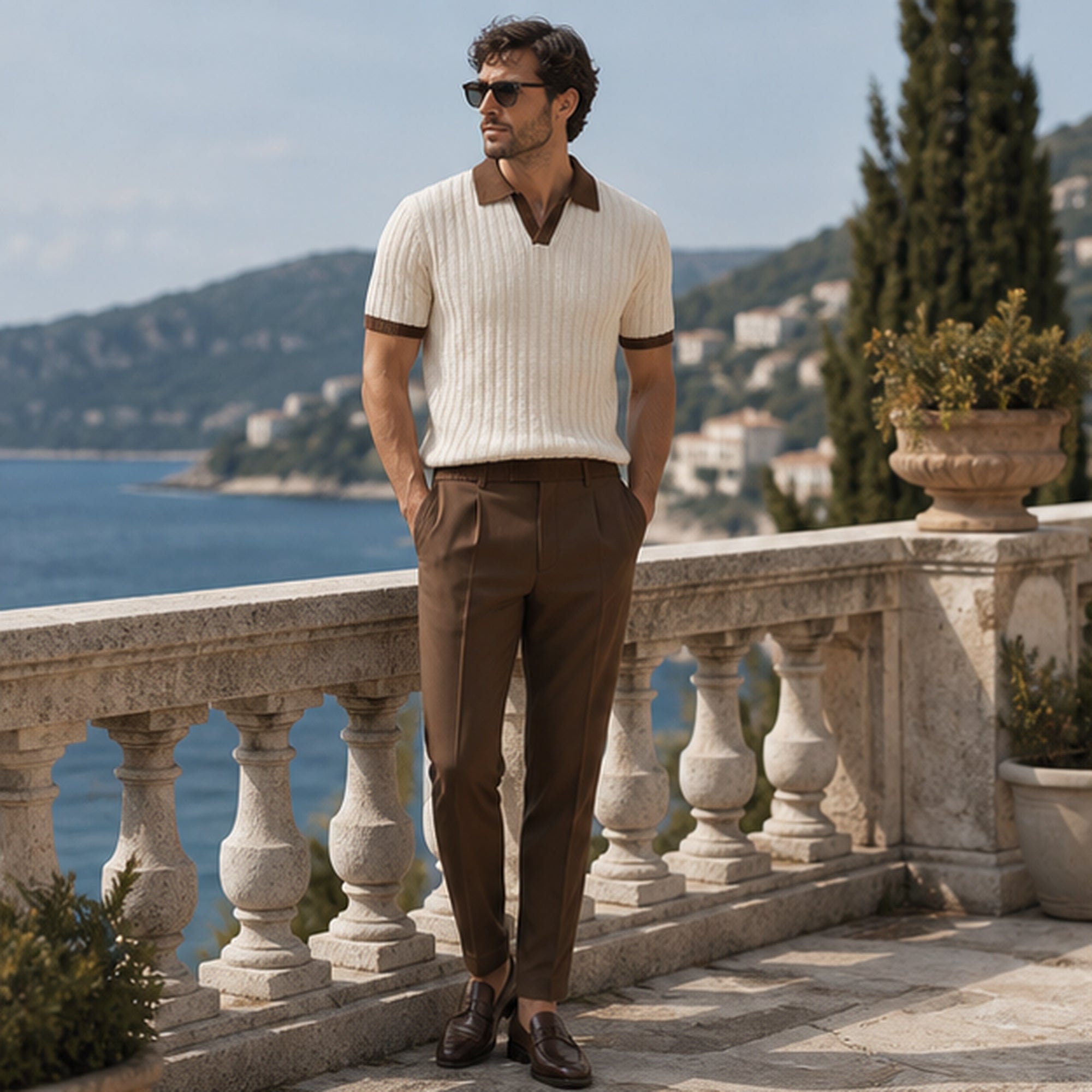 Quinvane beige set styled on a Mediterranean terrace