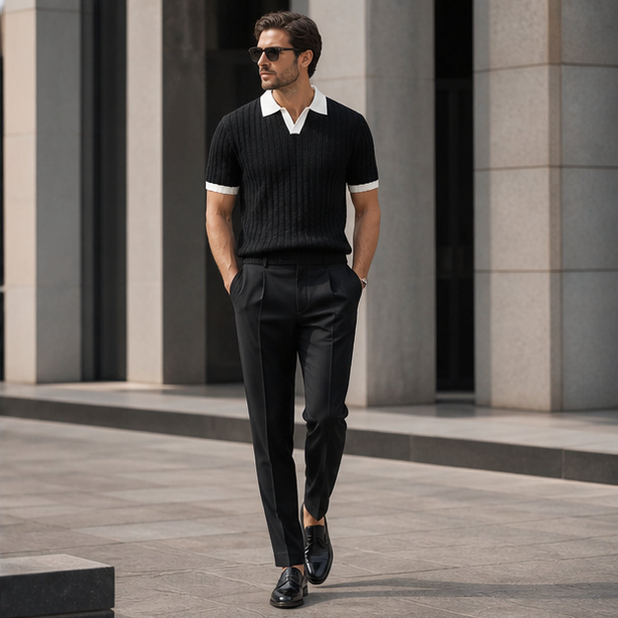 Quinvane black set styled against modern architecture