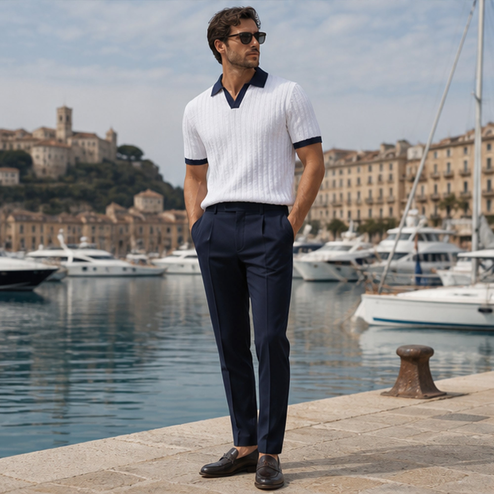 Quinvane white and navy set styled at a marina