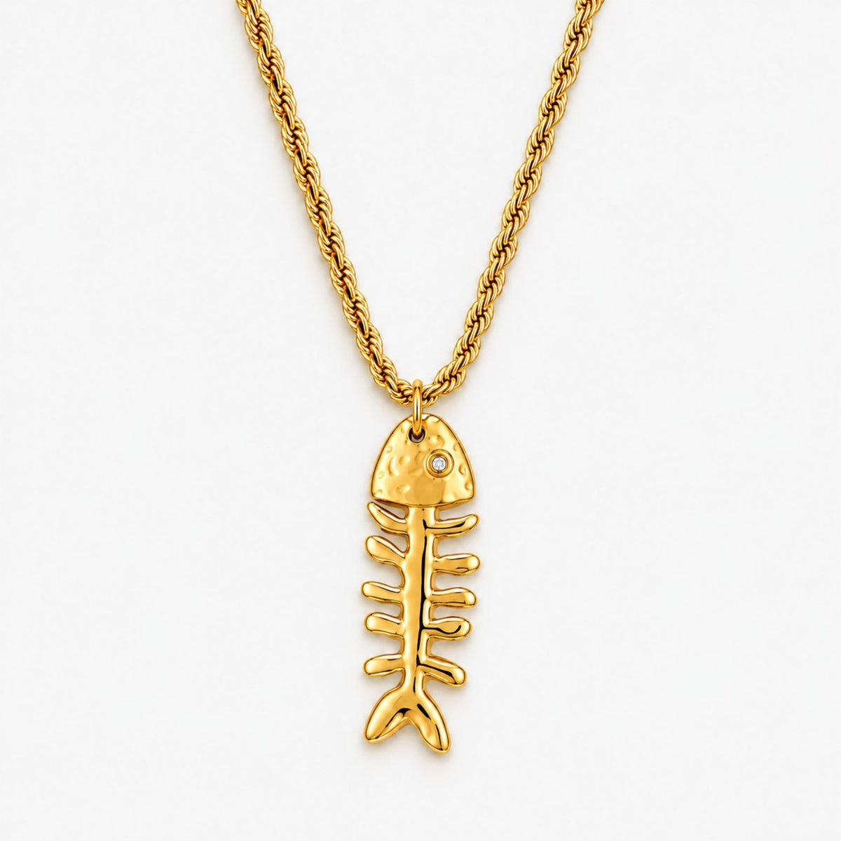Bruce & Co Fishbone Pendant Rope Chain Necklace, Gold PVD Steel