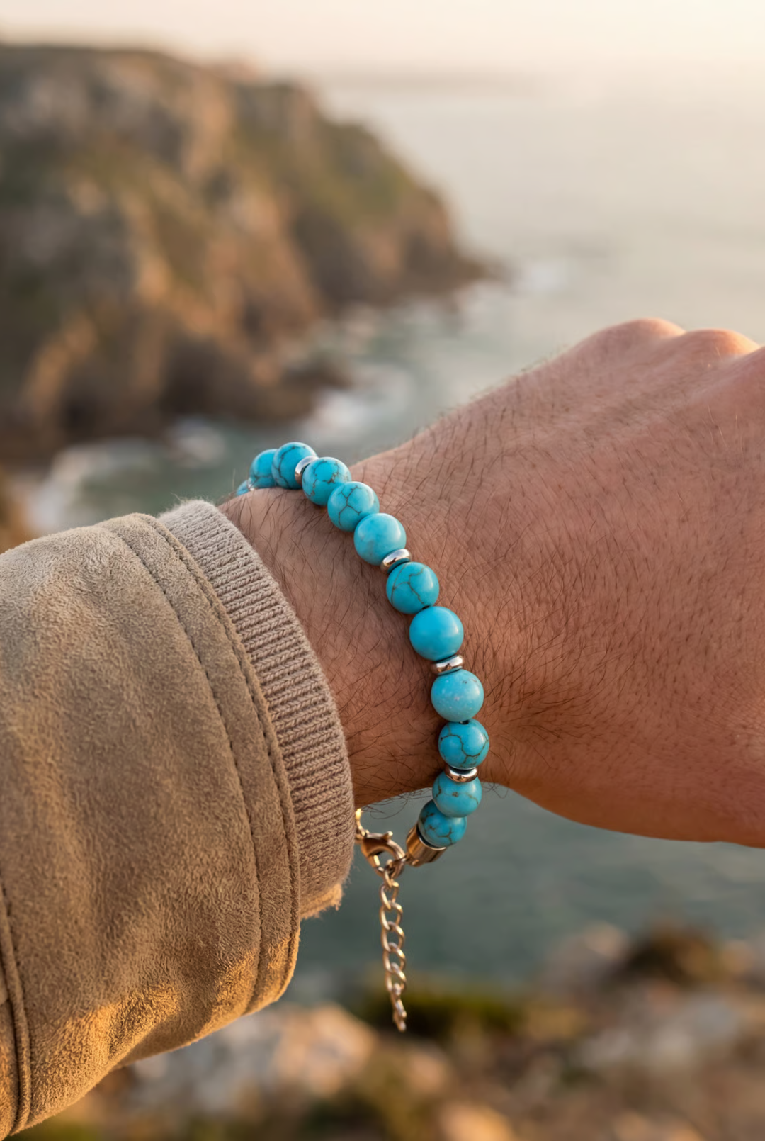 Bruce & Co Men’s Turquoise Bead Bracelet, 8 mm, Stainless Steel Clasp