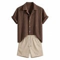 Rovemere coffee geometric jacquard Cuban shirt and stone crinkle shorts, studio front
