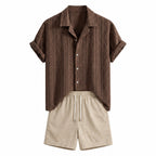 Rovemere coffee geometric jacquard Cuban shirt and stone crinkle shorts, studio front