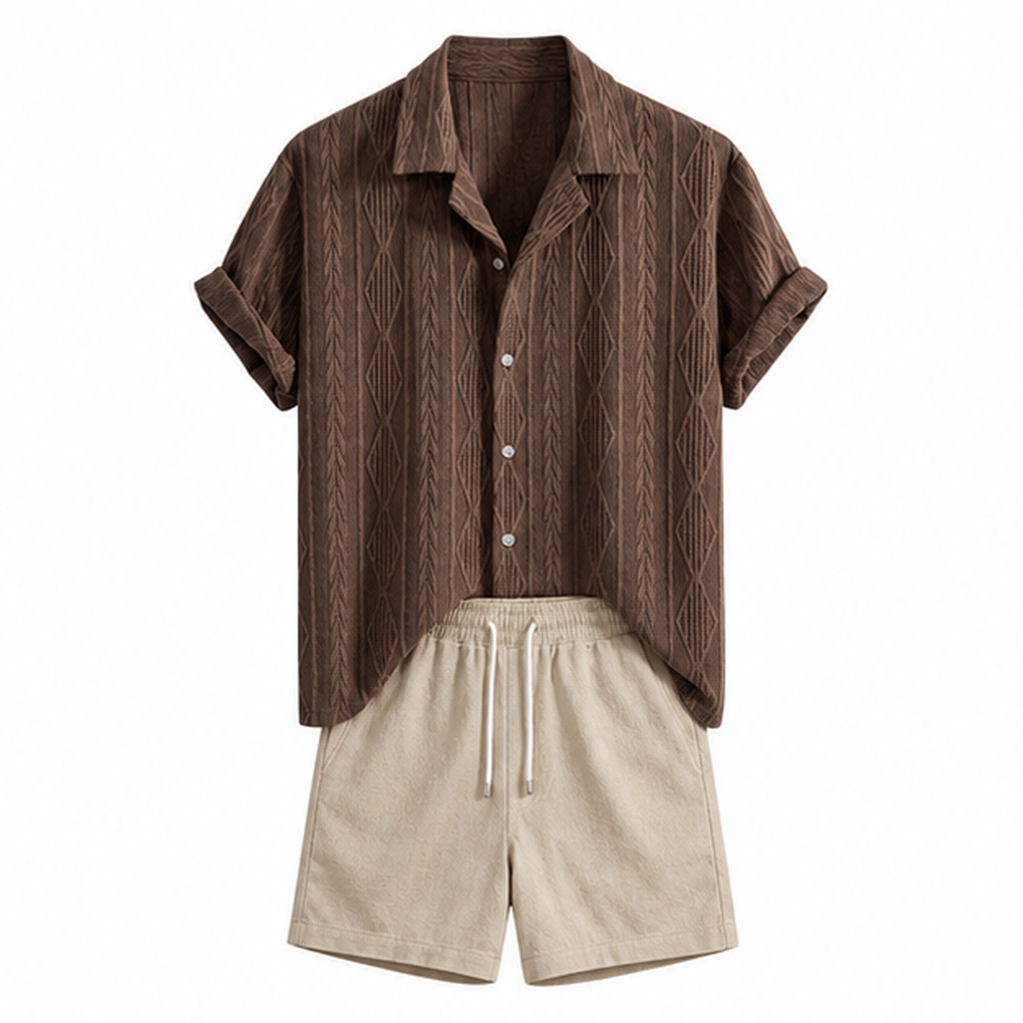Rovemere coffee geometric jacquard Cuban shirt and stone crinkle shorts, studio front