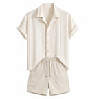 Rovemere beige geometric jacquard Cuban shirt and beige crinkle shorts, studio front