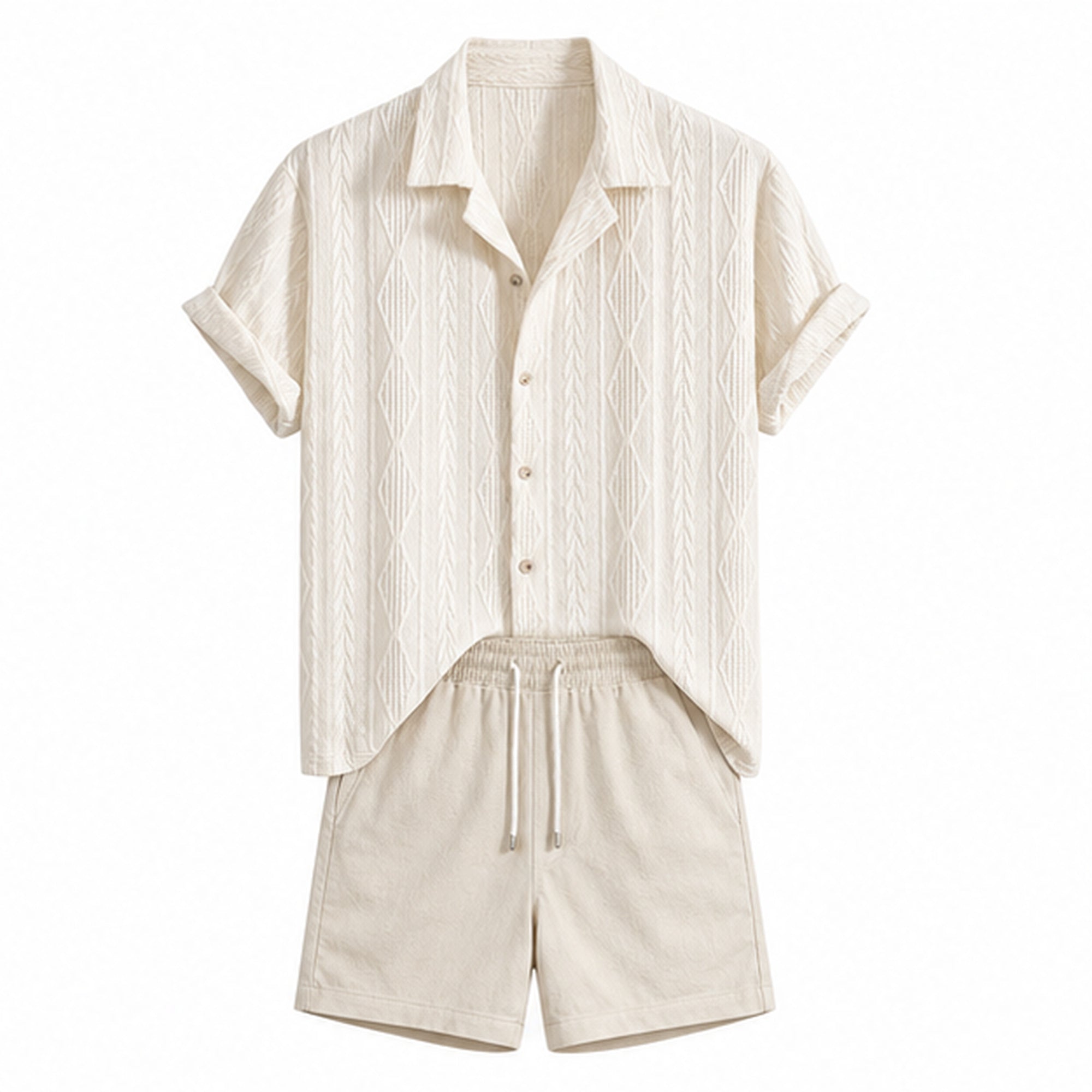 Rovemere beige geometric jacquard Cuban shirt and beige crinkle shorts, studio front