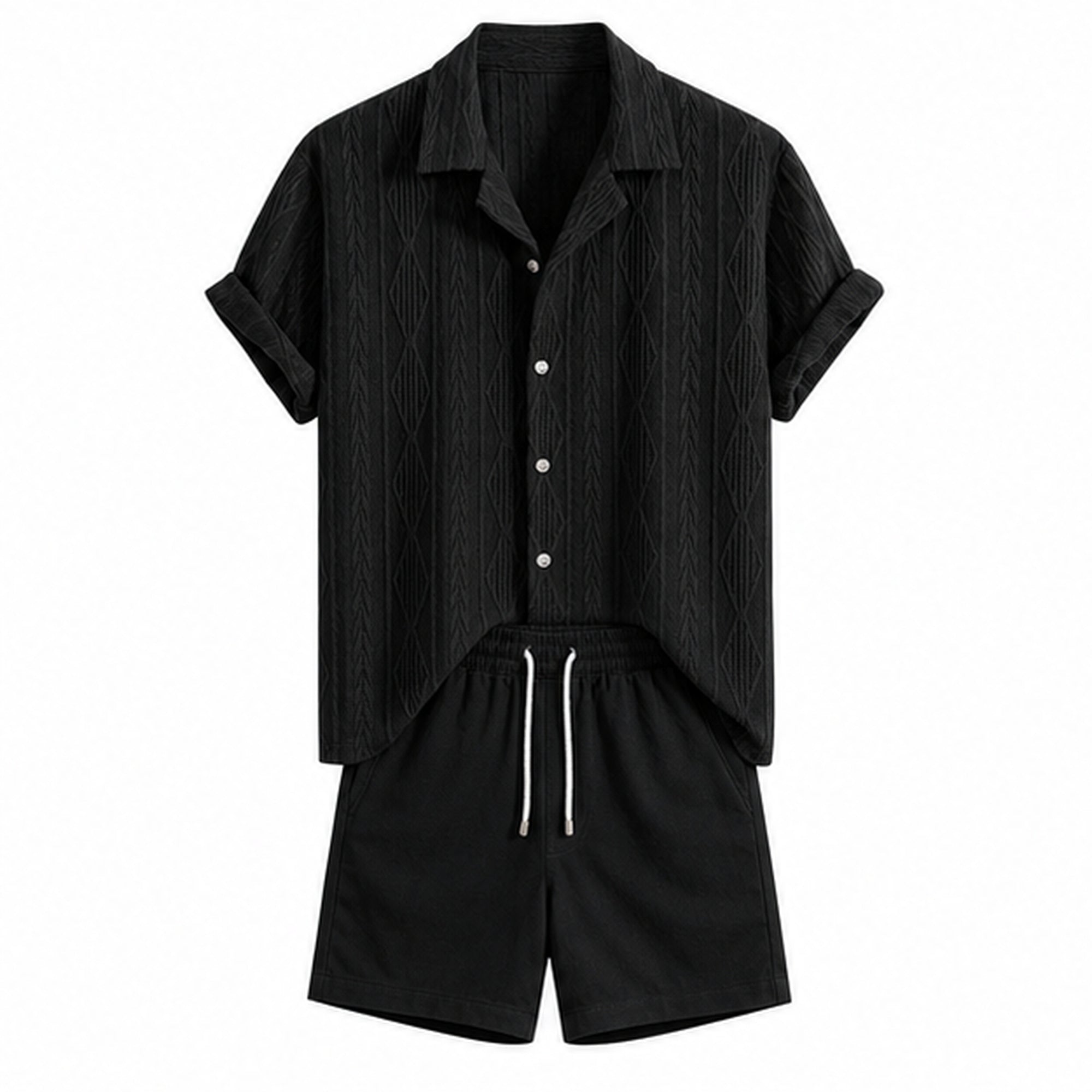 Rovemere black geometric jacquard Cuban shirt and black crinkle shorts, studio front