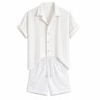 Rovemere white geometric jacquard Cuban shirt and white crinkle shorts, studio front
